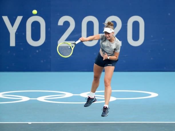 Barbora Krejcikova of Czech Republic during a practice ahead of the Tokyo 2020 Olympic Games at Ariake Tennis Park on July 22, 2021 in Tokyo, Japan.