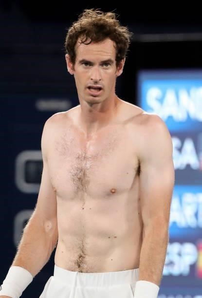 Shirtless Andy Murray of Team Great Britain during a practice ahead of the Tokyo 2020 Olympic Games at Ariake Tennis Park on July 22, 2021 in Tokyo,...