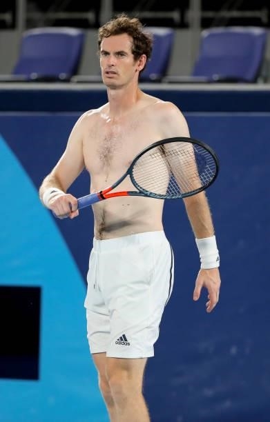 Shirtless Andy Murray of Team Great Britain during a practice ahead of the Tokyo 2020 Olympic Games at Ariake Tennis Park on July 22, 2021 in Tokyo,...
