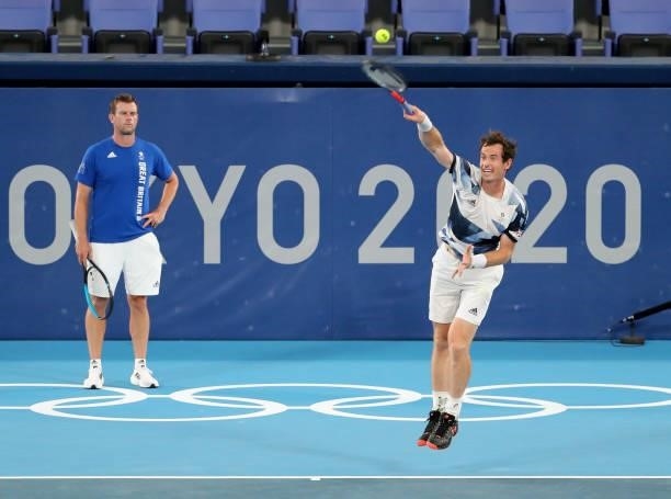 Andy Murray of Great Britain with captain of Tennis Team GB Leon Smith during a practice ahead of the Tokyo 2020 Olympic Games at Ariake Tennis Park...