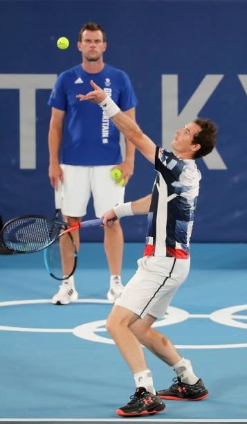 Andy Murray of Great Britain with captain of Tennis Team GB Leon Smith during a practice ahead of the Tokyo 2020 Olympic Games at Ariake Tennis Park...