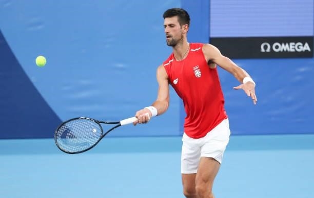Novak Djokovic of Serbia during a practice ahead of the Tokyo 2020 Olympic Games at Ariake Tennis Park on July 22, 2021 in Tokyo, Japan.