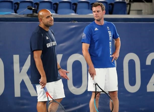 Physio of tennis Team GB Shane Annun, captain of Tennis Team GB Leon Smith during a practice ahead of the Tokyo 2020 Olympic Games at Ariake Tennis...
