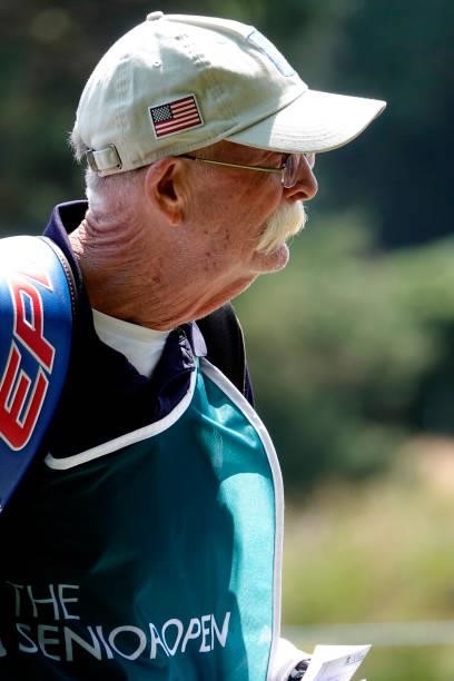 Mike 'fluff' Cowan, Jim Furyk's caddie looks on during the first round of the Senior Open presented by Rolex at Sunningdale Golf Club on July 22,...