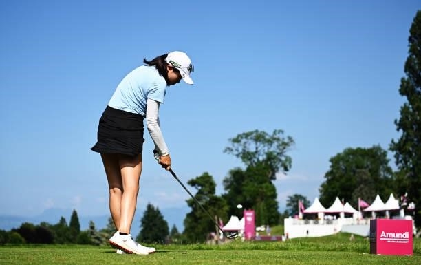 Rose Zhang of USA tees off on hole 16 during day one of the The Amundi Evian Championship at Evian Resort Golf Club on July 22, 2021 in...