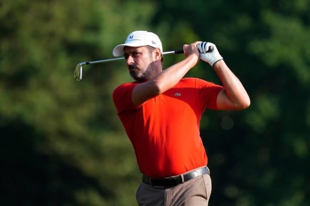 Jean Van de Velde of France in action during the first round of the Senior Open presented by Rolex at Sunningdale Golf Club on July 22, 2021 in...