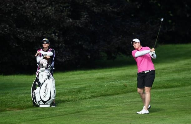 Brittany Lincicome of USA plays her third shot on hole 18 during day one of the The Amundi Evian Championship at Evian Resort Golf Club on July 22,...