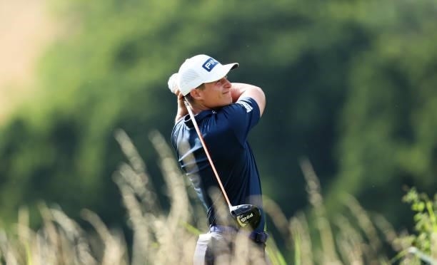 Calum Hill of Scotland tees off on hole 8 during Day One of the Cazoo Open supported by Gareth Bale at Celtic Manor Resort on July 22, 2021 in...