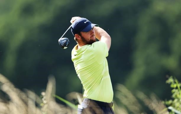 Sam Horsfield of England tees off on hole 8 during Day One of the Cazoo Open supported by Gareth Bale at Celtic Manor Resort on July 22, 2021 in...