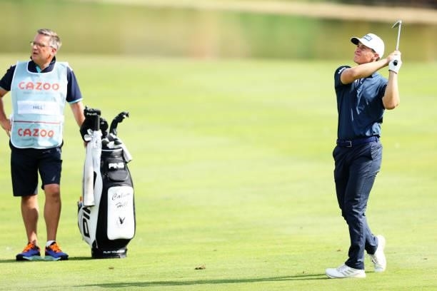 Calum Hill of Scotland plays his second shot on hole 6 during Day One of the Cazoo Open supported by Gareth Bale at Celtic Manor Resort on July 22,...