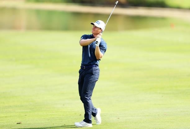 Calum Hill of Scotland plays his second shot on hole 6 during Day One of the Cazoo Open supported by Gareth Bale at Celtic Manor Resort on July 22,...