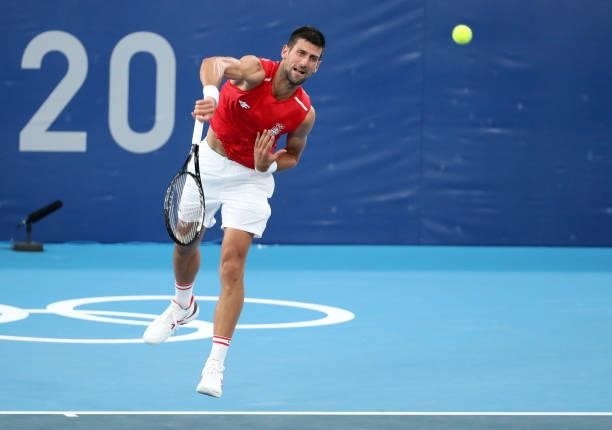 Novak Djokovic of Serbia during practice ahead of the Tokyo 2020 Olympic Games at Ariake Tennis Park on July 22, 2021 in Tokyo, Japan.