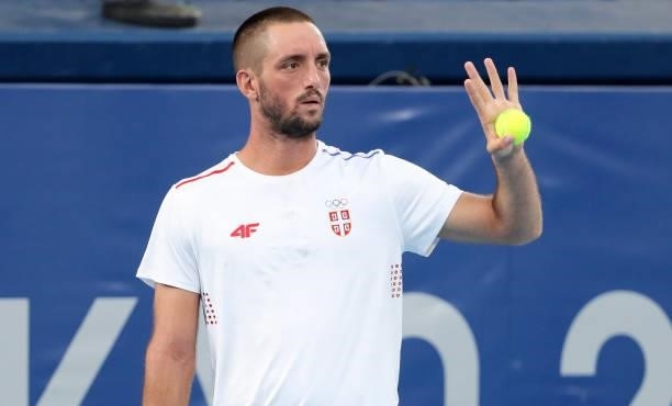 Captain of Tennis Team Serbia Viktor Troicki during practice ahead of the Tokyo 2020 Olympic Games at Ariake Tennis Park on July 22, 2021 in Tokyo,...