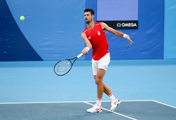 Novak Djokovic of Serbia during practice ahead of the Tokyo 2020 Olympic Games at Ariake Tennis Park on July 22, 2021 in Tokyo, Japan.