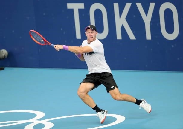 Dominik Koepfer of Germany during a practice ahead of the Tokyo 2020 Olympic Games at Ariake Tennis Park on July 22, 2021 in Tokyo, Japan.