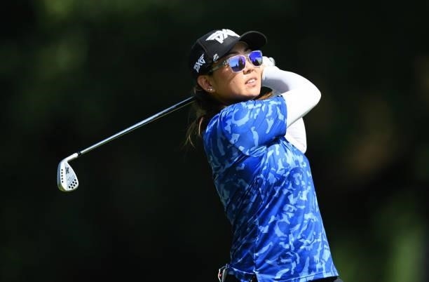 Mina Harigae of USA plays a shot on hole 6 during day one of the The Amundi Evian Championship at Evian Resort Golf Club on July 22, 2021 in...