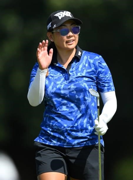 Mina Harigae of USA reacts on hole 6 during day one of the The Amundi Evian Championship at Evian Resort Golf Club on July 22, 2021 in...