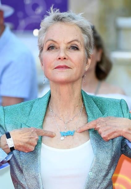 Jenny Seagrove, wears a necklace in tribute to actress Kelly Preston, who died of breast cancer in 2020, as she attends the "Off The Rails