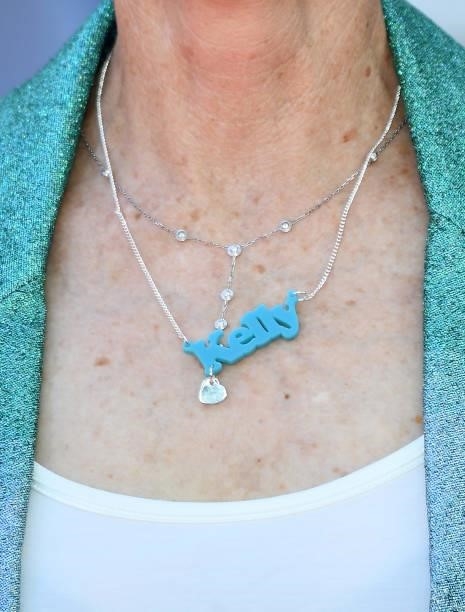 Jenny Seagrove, wears a necklace in tribute to actress Kelly Preston, who died of breast cancer in 2020, as she attends the "Off The Rails