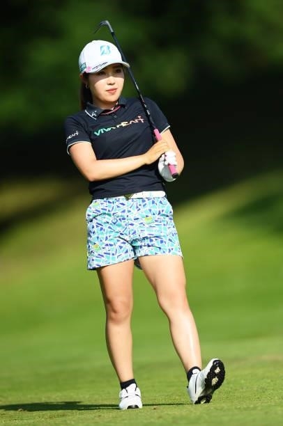 Ayaka Furue of Japan plays her third shot on hole 18 during day one of the The Amundi Evian Championship at Evian Resort Golf Club on July 22, 2021...