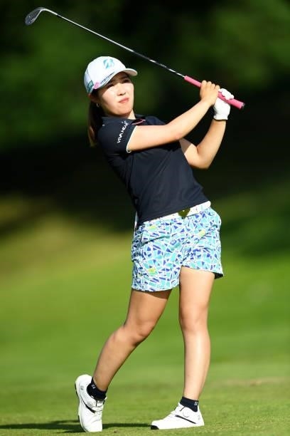 Ayaka Furue of Japan plays her third shot on hole 18 during day one of the The Amundi Evian Championship at Evian Resort Golf Club on July 22, 2021...
