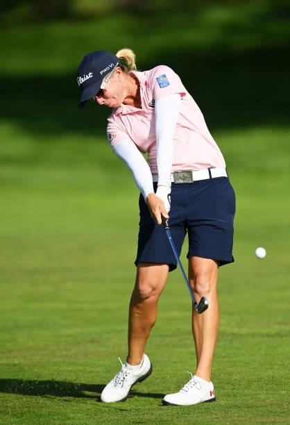 Alena Sharp of Canada plays a shot on hole 18 during day one of the The Amundi Evian Championship at Evian Resort Golf Club on July 22, 2021 in...