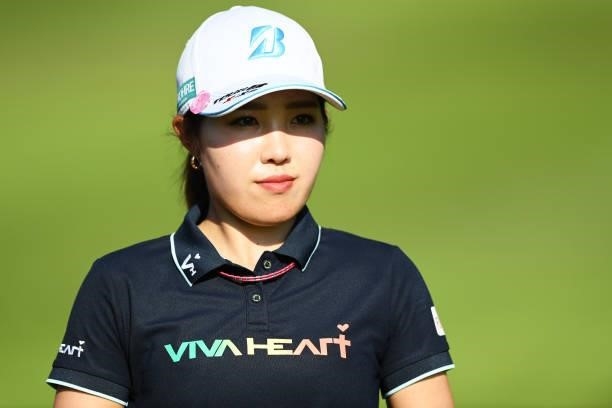 Ayaka Furue of Japan looks on on hole 18 during day one of the The Amundi Evian Championship at Evian Resort Golf Club on July 22, 2021 in...