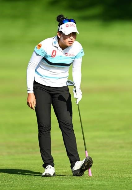 Atthaya Thitikul of Thailand looks to play her second shot on hole 18 during day one of the The Amundi Evian Championship at Evian Resort Golf Club...