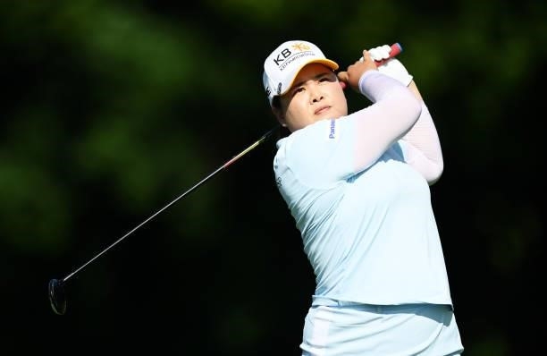 Inbee Park of South Korea plays her second shot on hole 18 during day one of the The Amundi Evian Championship at Evian Resort Golf Club on July 22,...