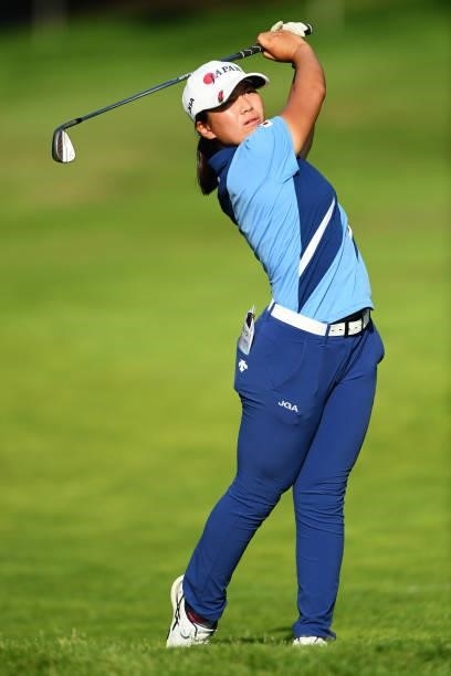 Tsubasa Kajitani of Japan plays a shot on hole 18 during day one of the The Amundi Evian Championship at Evian Resort Golf Club on July 22, 2021 in...