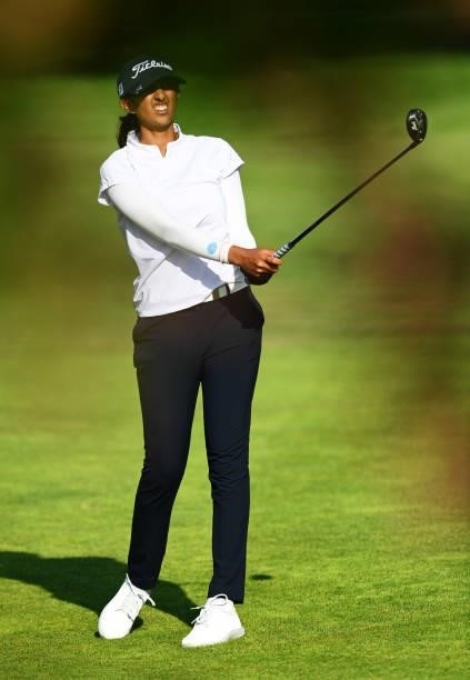Aditi Ashok of India plays her second shot on hole 18 during day one of the The Amundi Evian Championship at Evian Resort Golf Club on July 22, 2021...