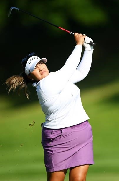 Lizette Salas of USA plays her third shot on hole 18 during day one of the The Amundi Evian Championship at Evian Resort Golf Club on July 22, 2021...