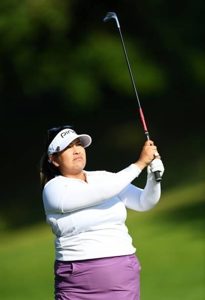 Lizette Salas of USA plays her third shot on hole 18 during day one of the The Amundi Evian Championship at Evian Resort Golf Club on July 22, 2021...