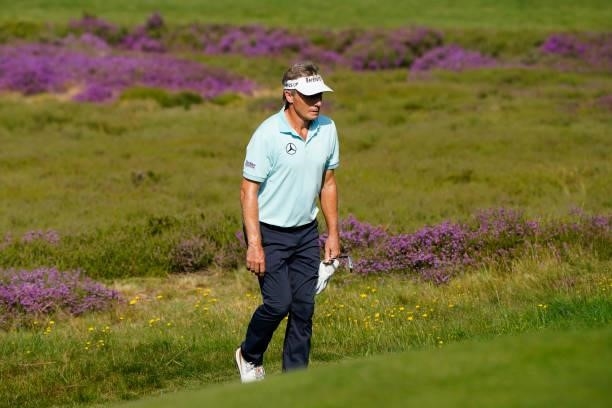 Bernhard Langer of Germany in action during the first round of the Senior Open presented by Rolex at Sunningdale Golf Club on July 22, 2021 in...