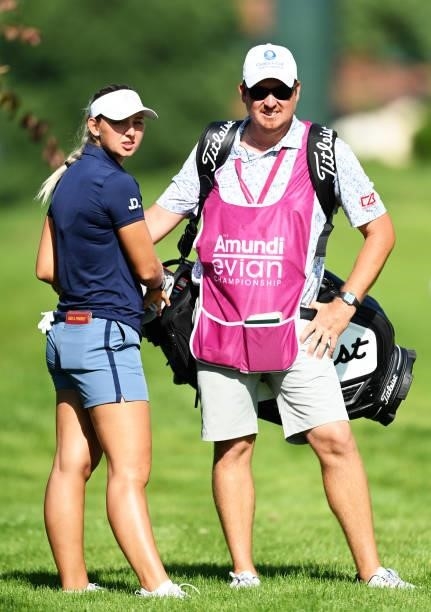 Emily Kristine Pedersen talks with her caddie on hole 18 during day one of the The Amundi Evian Championship at Evian Resort Golf Club on July 22,...