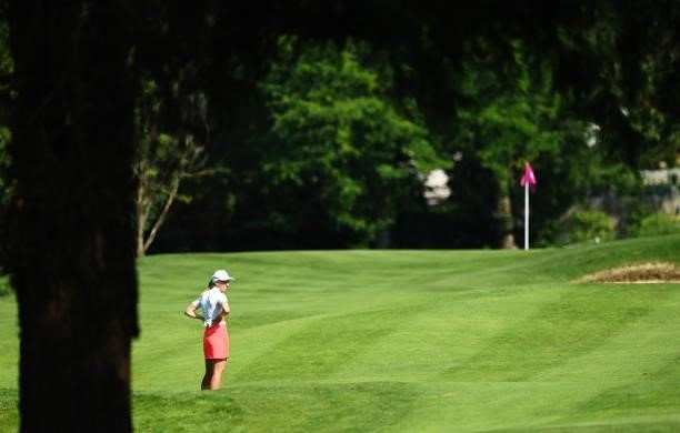 Sophia Popov of Germany looks on from hole 17 during day one of the The Amundi Evian Championship at Evian Resort Golf Club on July 22, 2021 in...