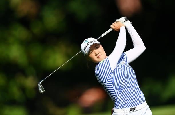 Minjee Lee of Australia plays her second shot on hole 18 during day one of the The Amundi Evian Championship at Evian Resort Golf Club on July 22,...