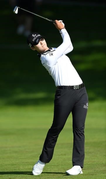 Park Sung-hyun of South Korea plays her second shot on hole 18 during day one of the The Amundi Evian Championship at Evian Resort Golf Club on July...