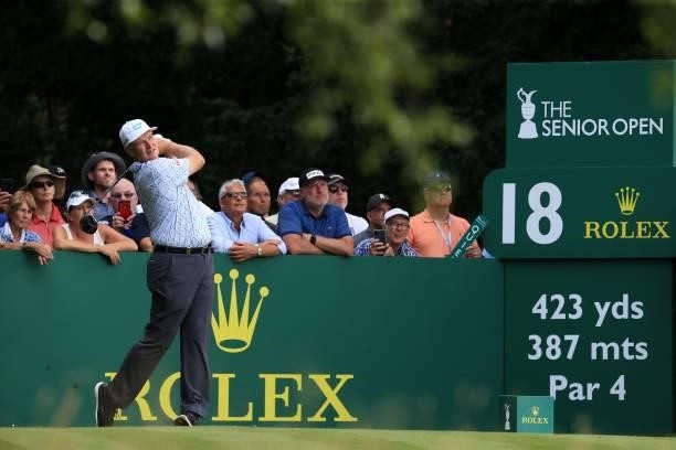 Ernie Els of South Africa during the first day of The Senior Open Presented by Rolex at Sunningdale Golf Club on July 22, 2021 in Sunningdale,...