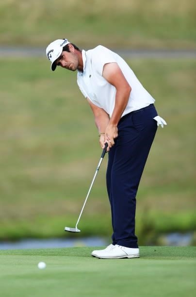 Nacho Elvira of Spain puts on hole 18 during Day One of the Cazoo Open supported by Gareth Bale at Celtic Manor Resort on July 22, 2021 in Newport,...