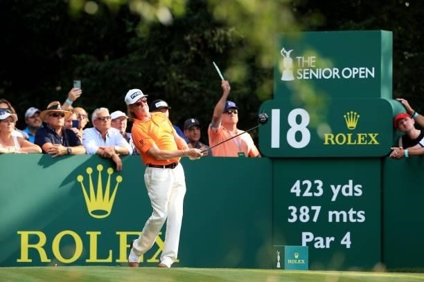 Miguel Angel Jimenez of Spain during the first day of The Senior Open Presented by Rolex at Sunningdale Golf Club on July 22, 2021 in Sunningdale,...