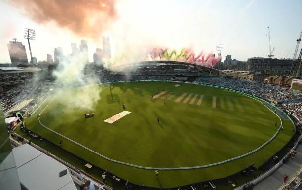 Fireworks explode before the Hundred match between Oval Invincibles and Manchester Originals at The Kia Oval on July 22, 2021 in London, England.