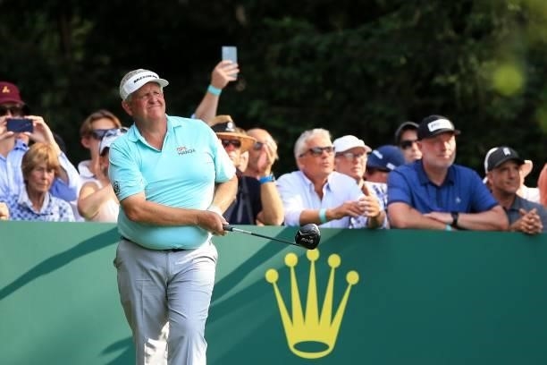 Colin Montgomerie of Scotland during the first day of The Senior Open Presented by Rolex at Sunningdale Golf Club on July 22, 2021 in Sunningdale,...