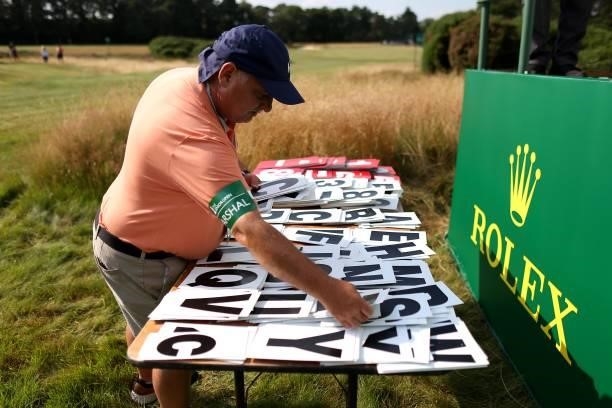 Scorers are seen during the first day of The Senior Open Presented by Rolex at Sunningdale Golf Club on July 22, 2021 in Sunningdale, England.