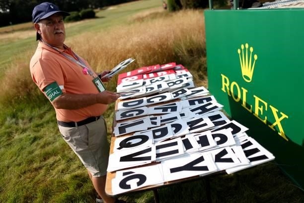 Scorers are seen during the first day of The Senior Open Presented by Rolex at Sunningdale Golf Club on July 22, 2021 in Sunningdale, England.