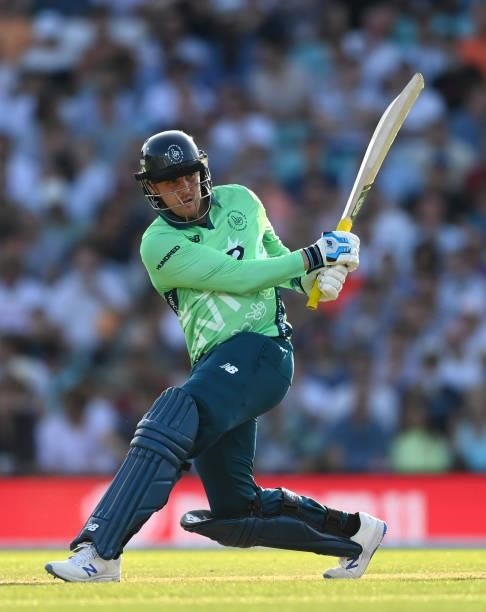 Jason Roy of Oval Invincibles bats during the Hundred match between Oval Invincibles and Manchester Originals at The Kia Oval on July 22, 2021 in...