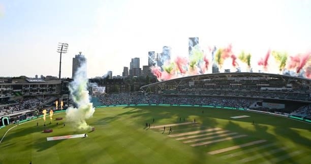 Fireworks go off as the players take to the field during the Hundred match between Oval Invincibles and Manchester Originals at The Kia Oval on July...