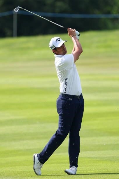 Nacho Elvira of Spain in action during Day One of the Cazoo Open supported by Gareth Bale at Celtic Manor Resort on July 22, 2021 in Newport, Wales.