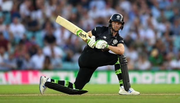 Jos Buttler of Manchester Originals bats during the Hundred match between Oval Invincibles and Manchester Originals at The Kia Oval on July 22, 2021...