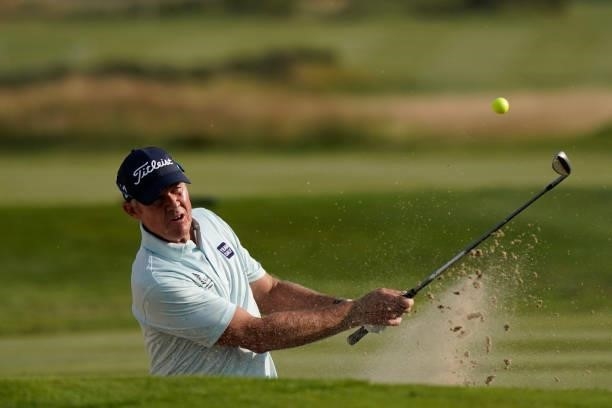 James Kingston of South Africa in action during the first round of the Senior Open presented by Rolex at Sunningdale Golf Club on July 22, 2021 in...